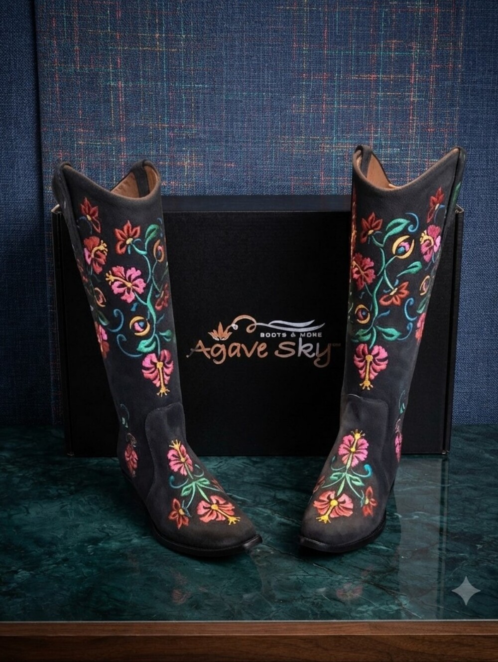 Agave Black Leather Knee Boots with Pink & Green Floral Embroidery